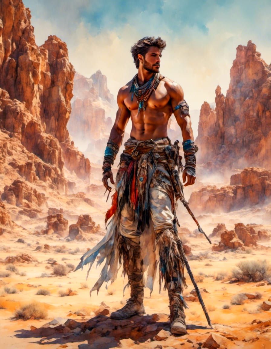 Desert Fantasy: Handsome Man in Gouache Painting