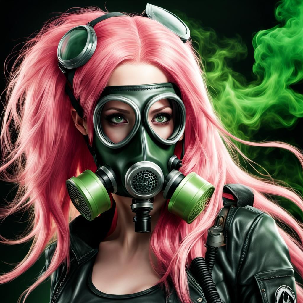 Woman with Pink Hair and Gas Mask in Comics Style