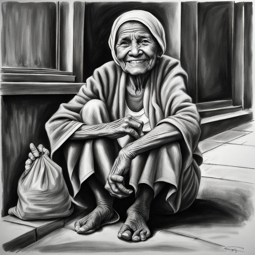 Hopeful Smile of Elderly Woman: Hyperdetailed Charcoal Drawi...