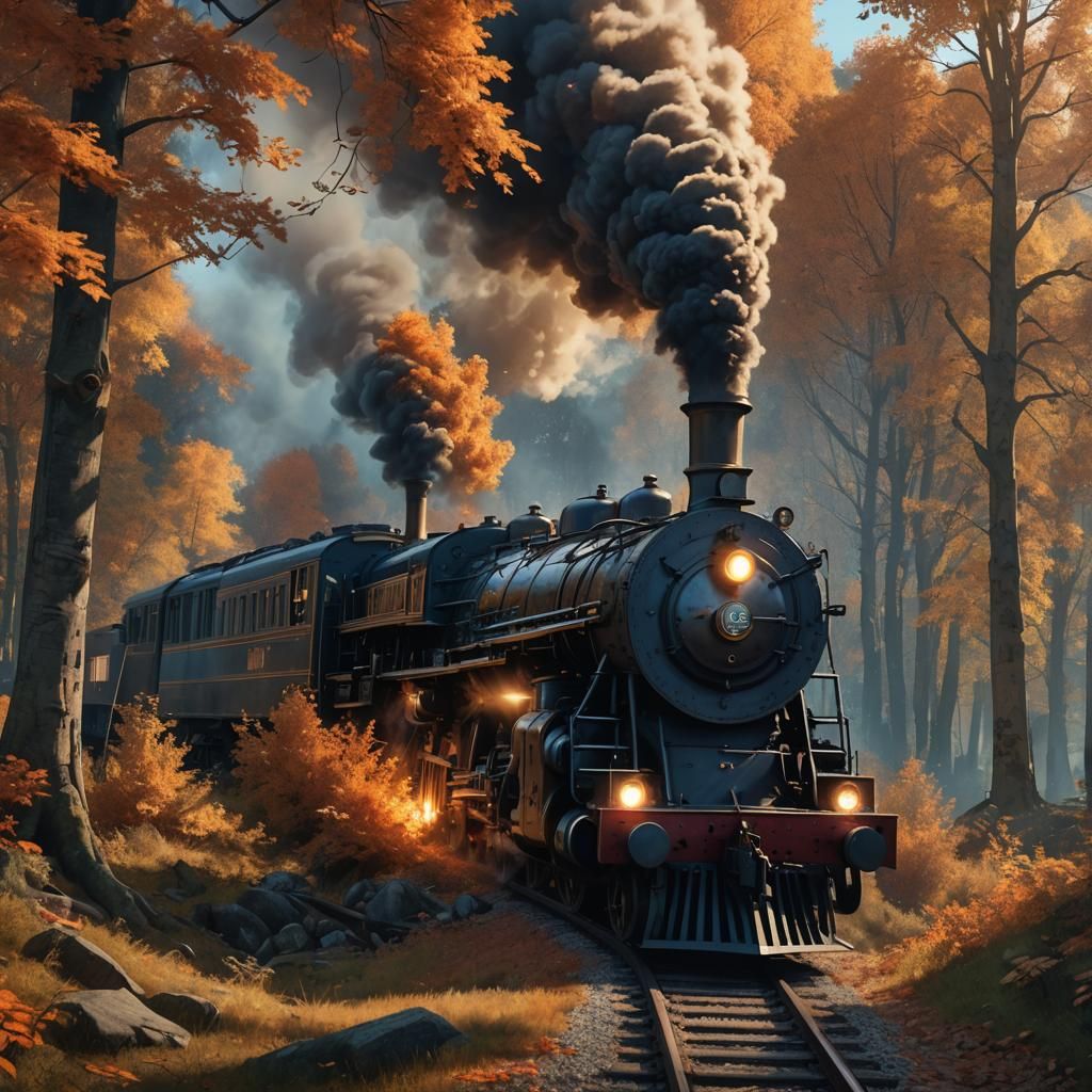 Vintage Steam Train in Autumn Forest Concept Art