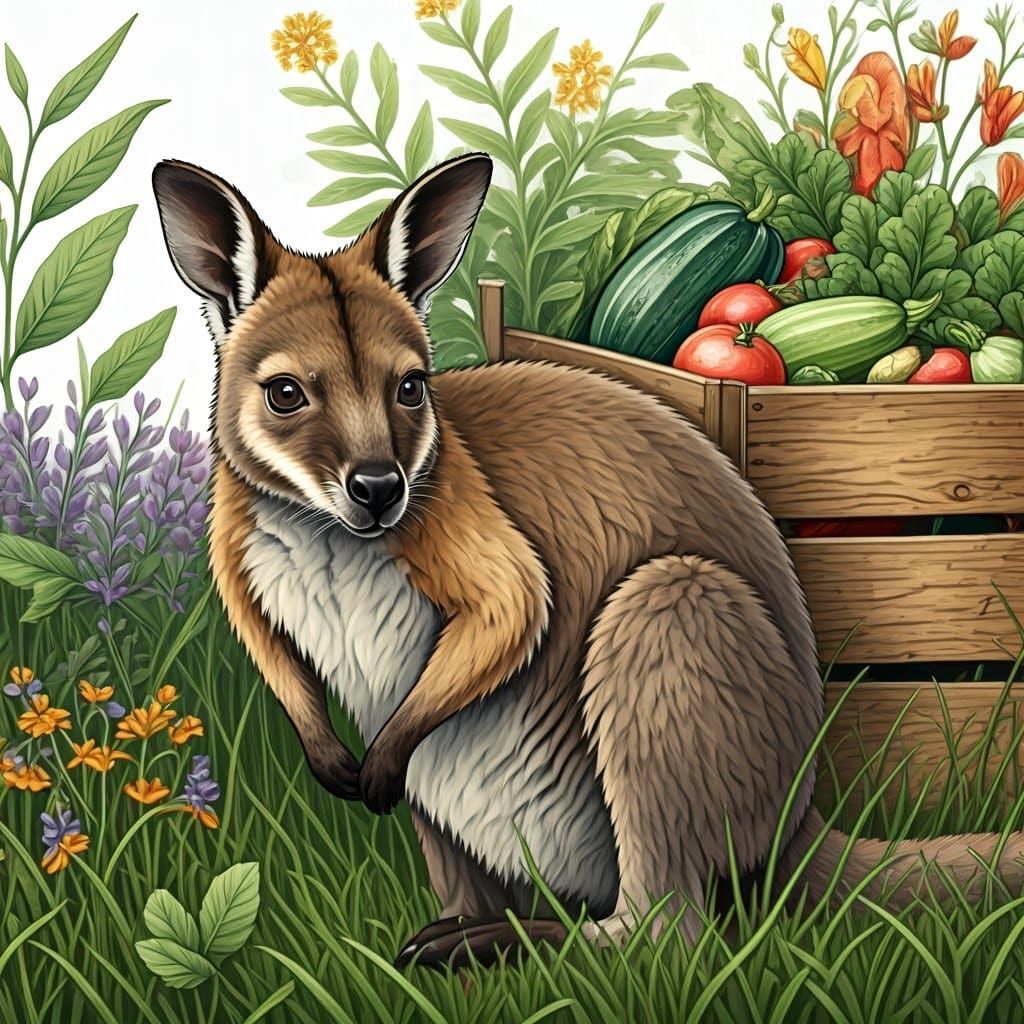 Whimsical Wallaby in a Charming Cottage Garden