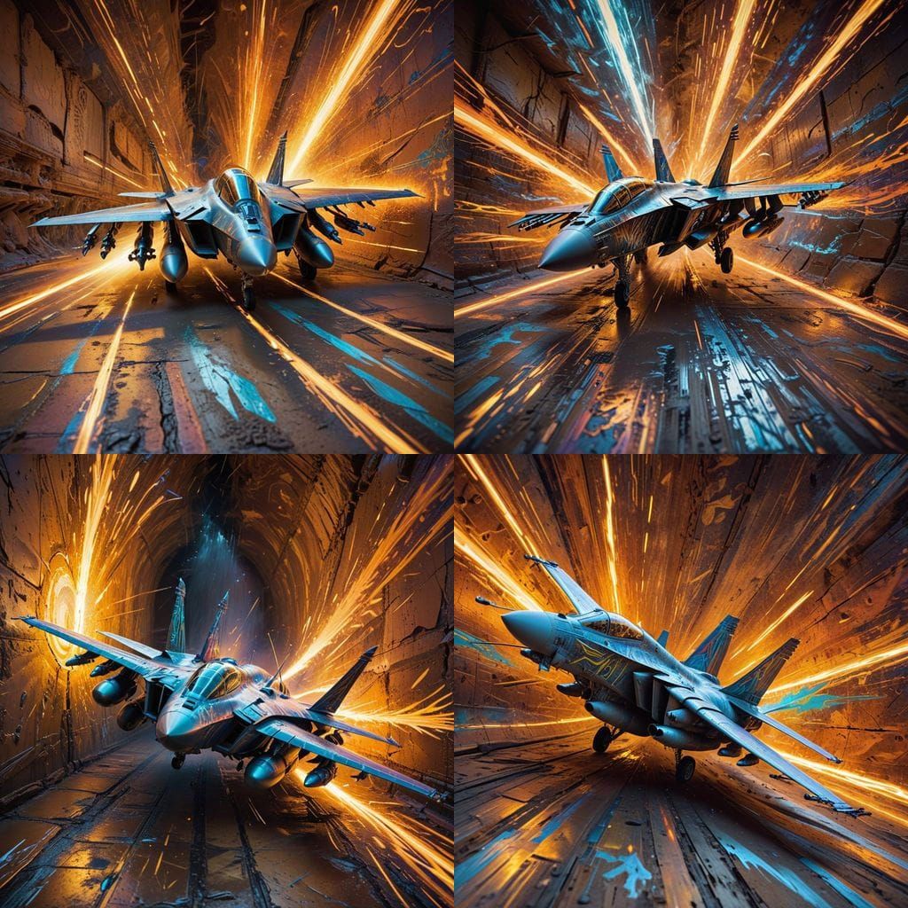 Gilded F14 Tomcat in Tribal Petroglyph Fresco