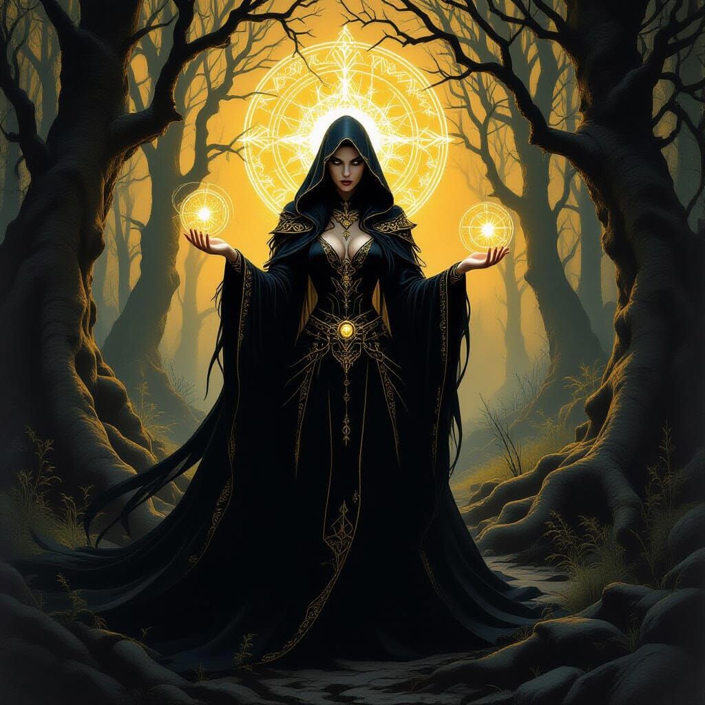 Sorceress Casting Spell in Dark Forest: Gothic Oil Painting
