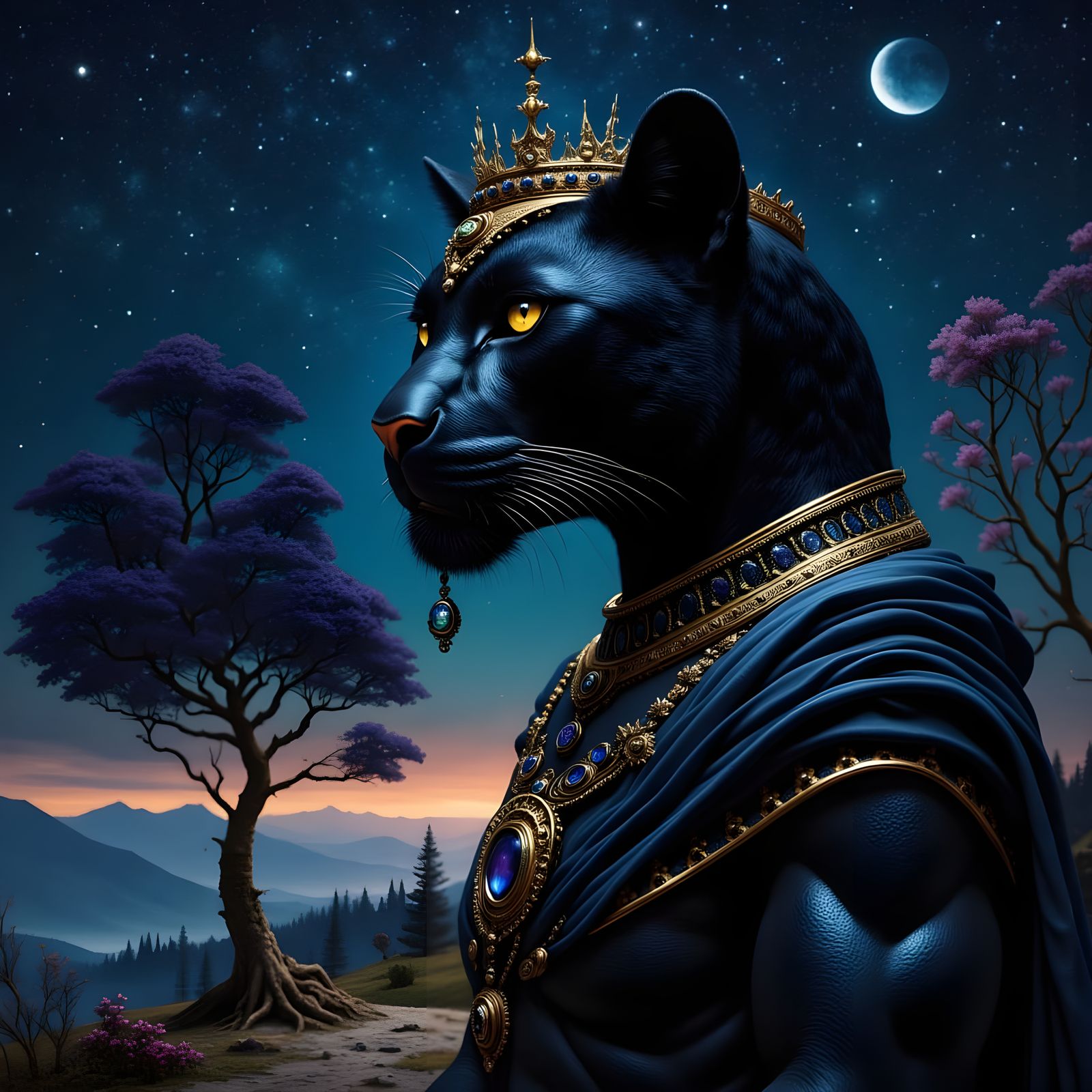 Cyberpunk Panther Queen Under Starry Night