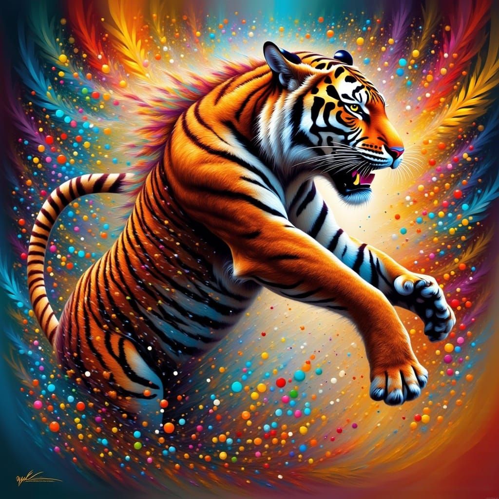 Leaping Tiger in Pointillism and Fractilism Style