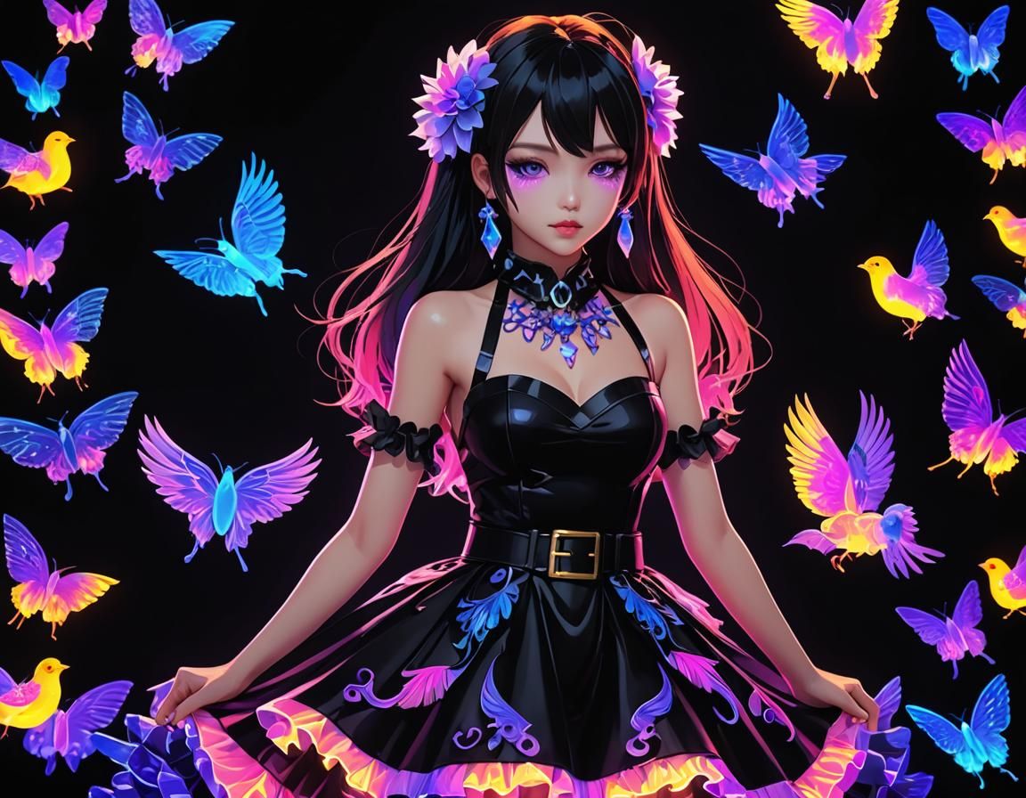 Chicken in Neon Goth Dress, Anime Style