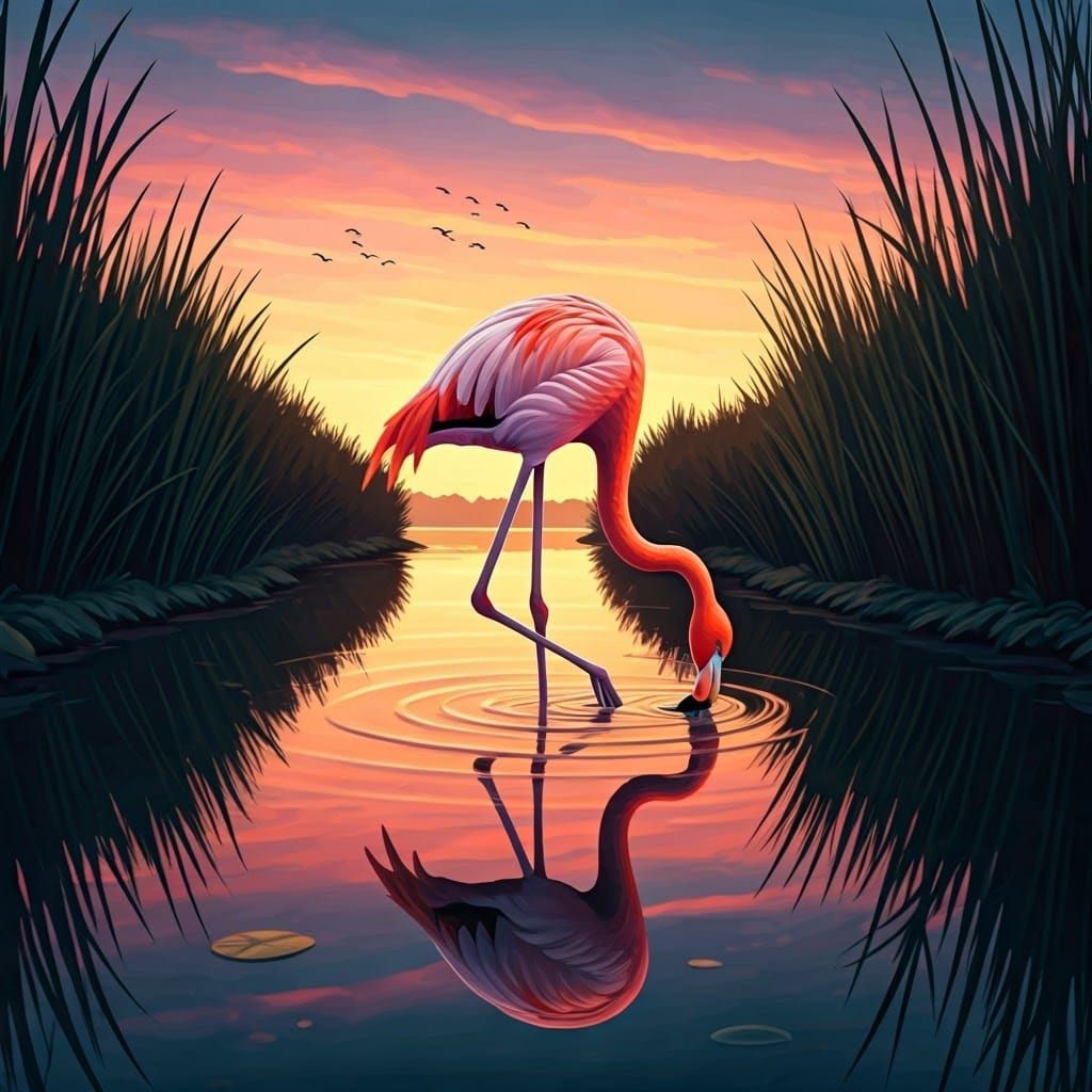 Majestic Flamingo Drinks at Sunset: Nature Photography