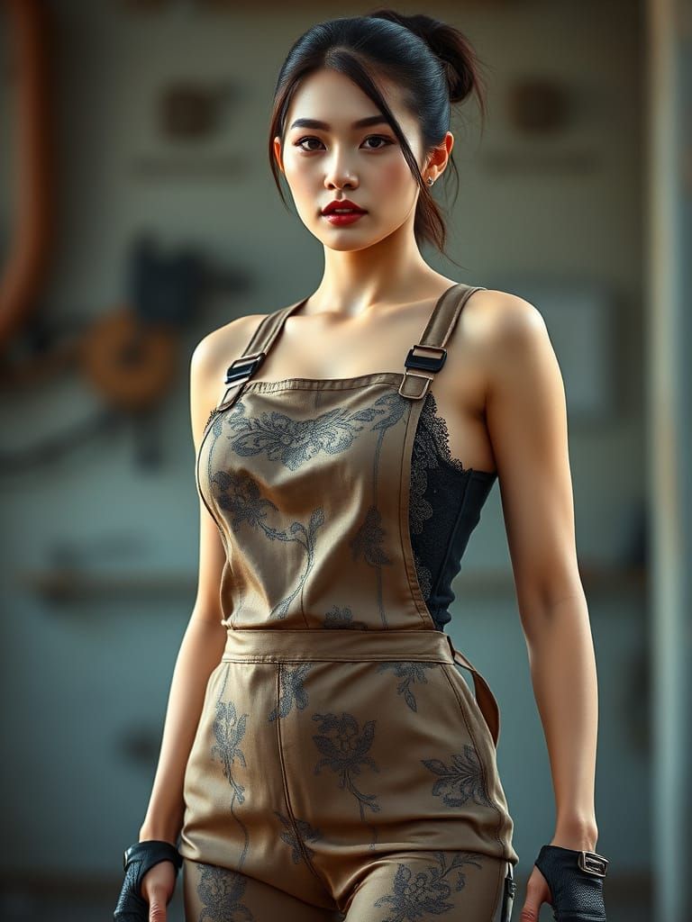 Vietnamese Cyberpunk Model in Embroidered Romper Suit