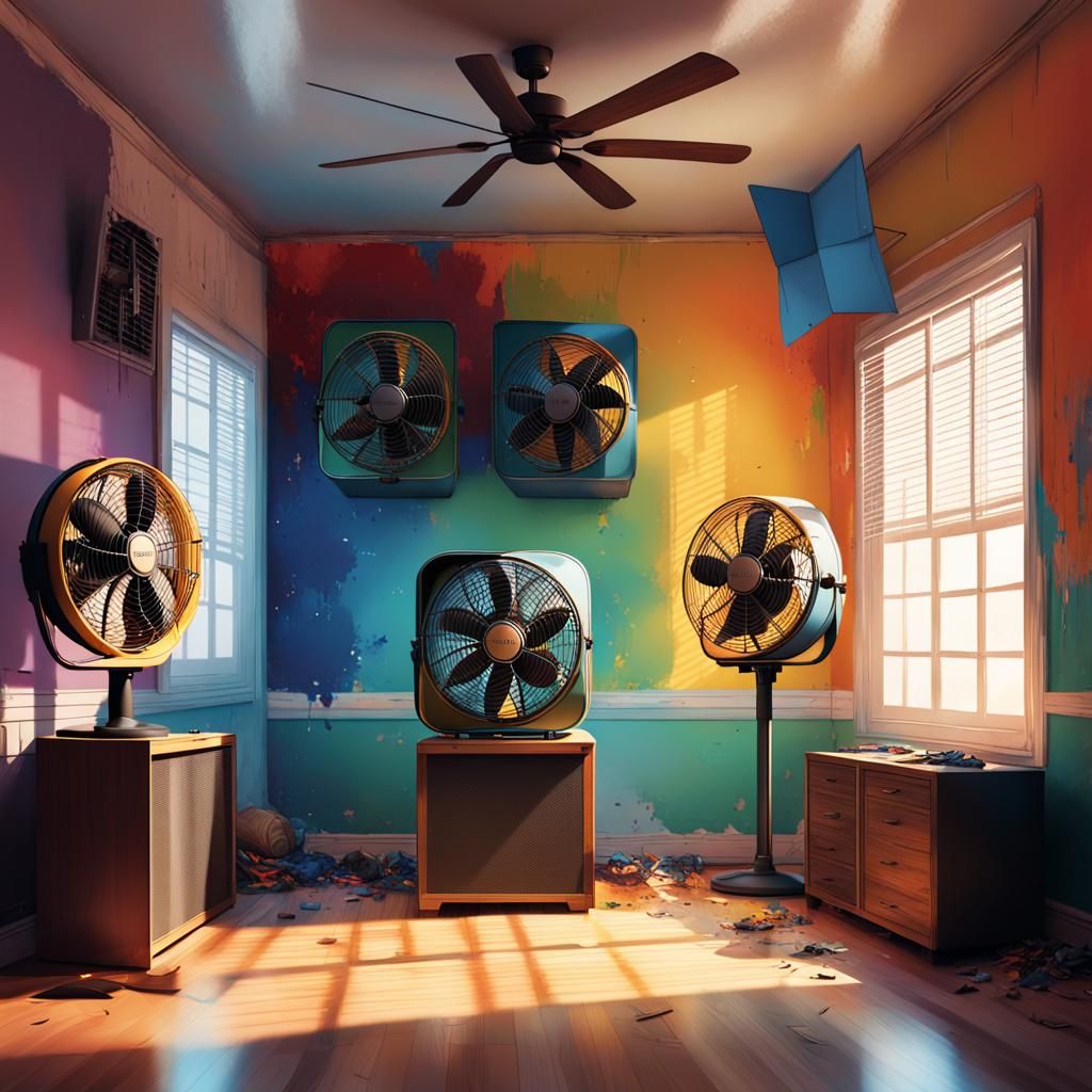 Hyperrealistic Bedroom Scene with Box Fans