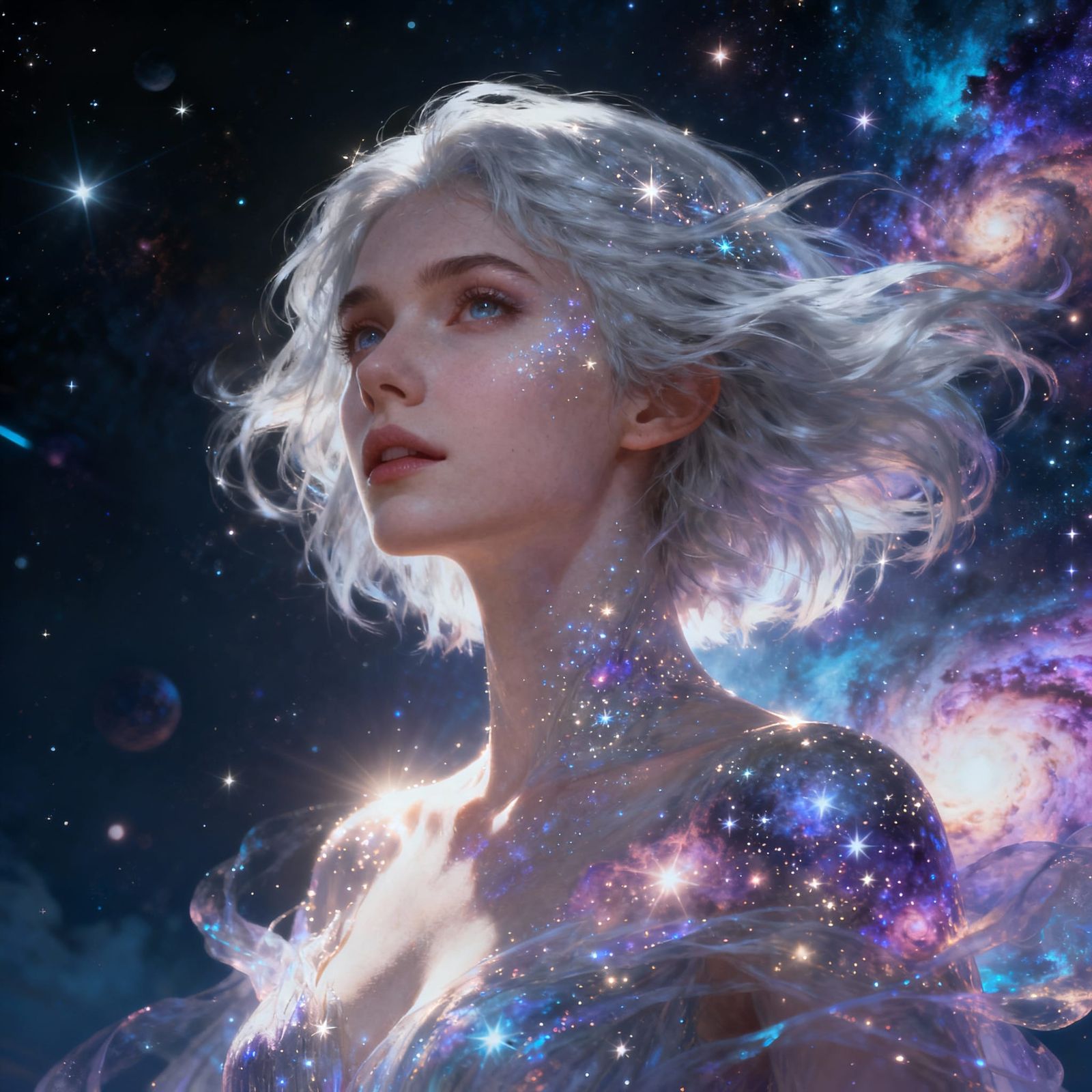 Ethereal Woman With Silver Hair Adorned in Stardust