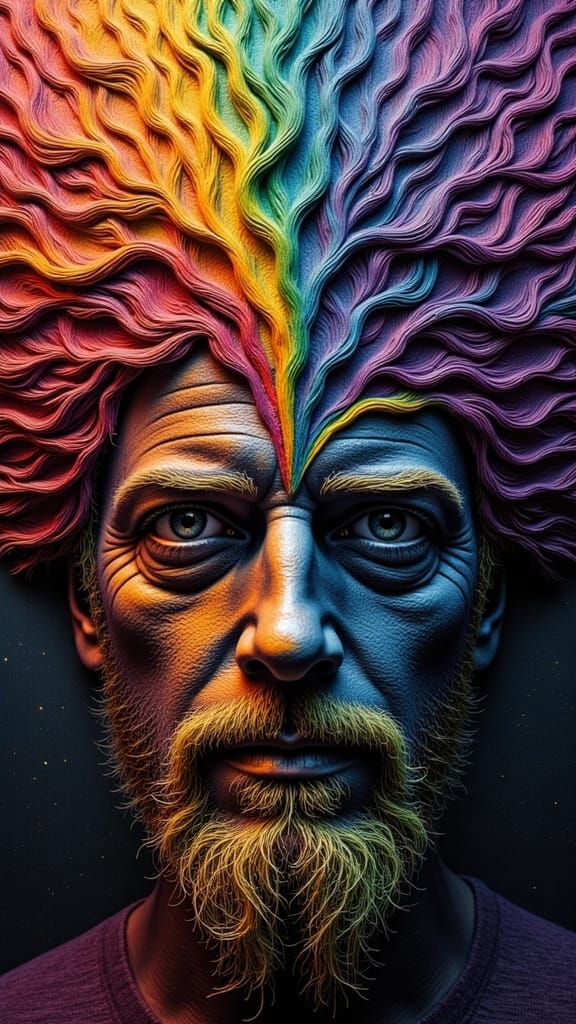 Fractal Faced Man with Rainbow Moss, Dark Fantasy Art