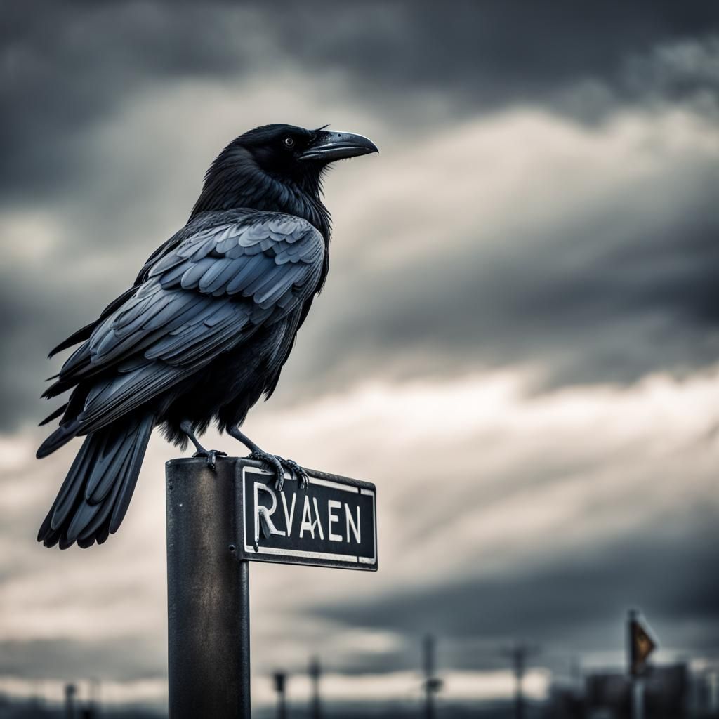 Raven on Street Sign in Hyperrealistic Detail