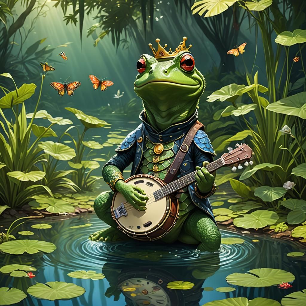 Frog King Plays Banjo on Lagoon Bank