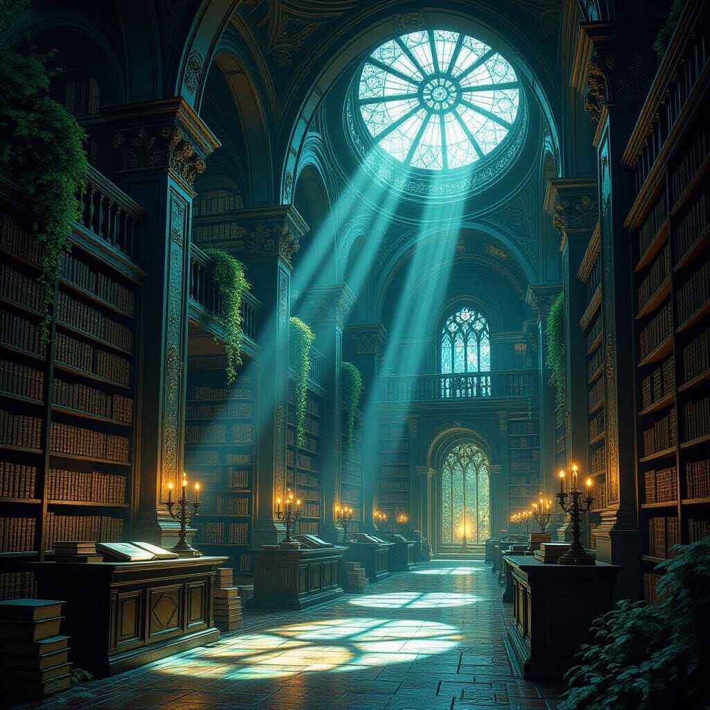 Ancient Library of Forgotten Tomes in Mystical Light