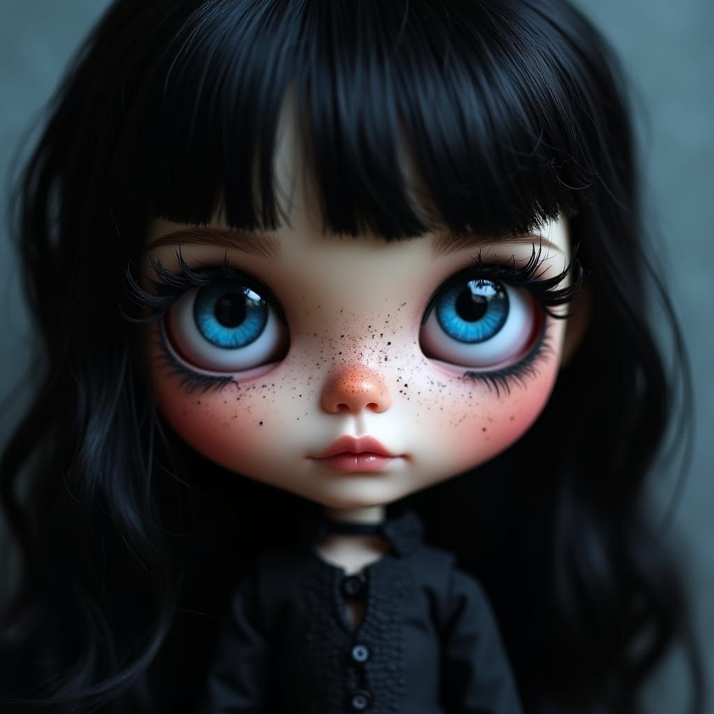 Ethereal Gothic Doll with Dark Blue Eyes and Raven Hair