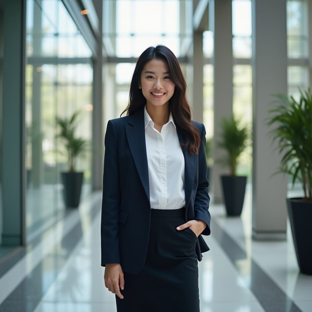 Confident Woman in Office Lobby, Realistic Portrait