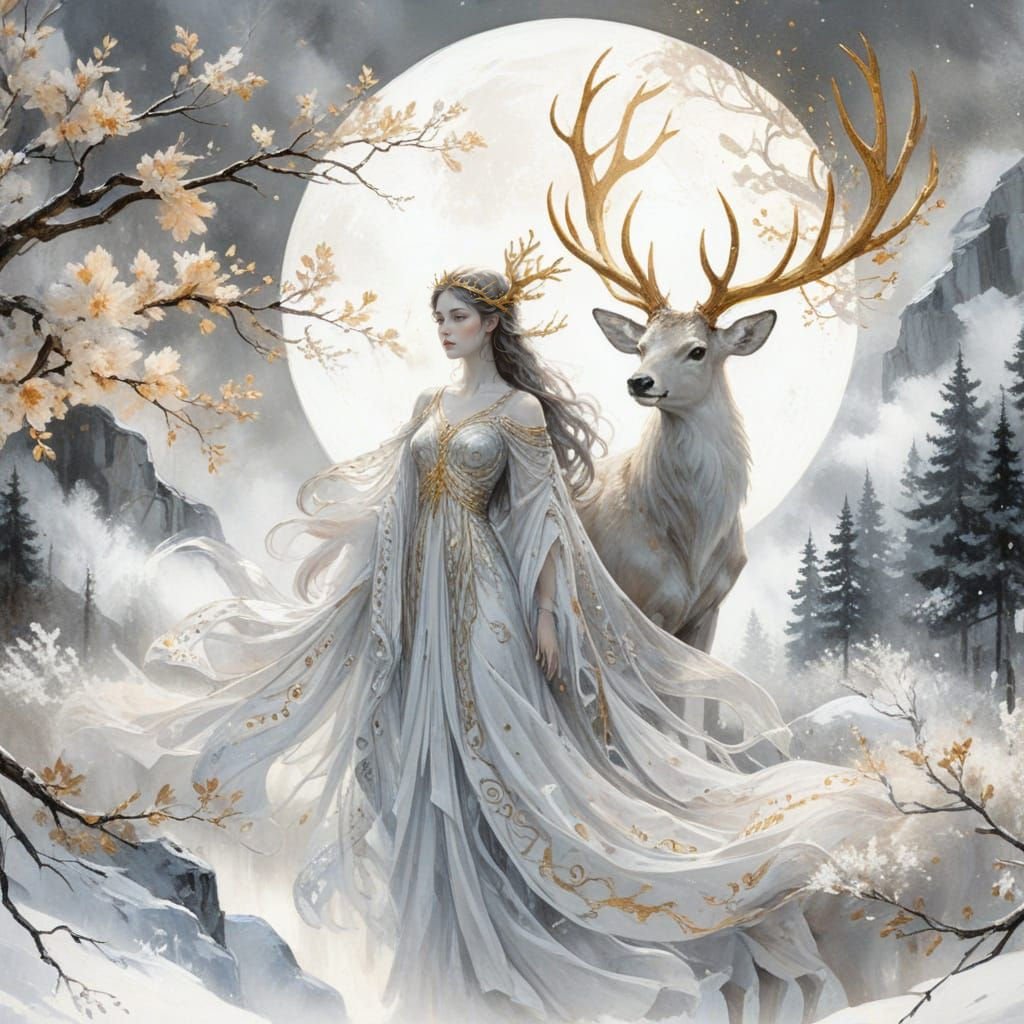 Artemis in Moonlit Forest: Gouache Impressionist Painting