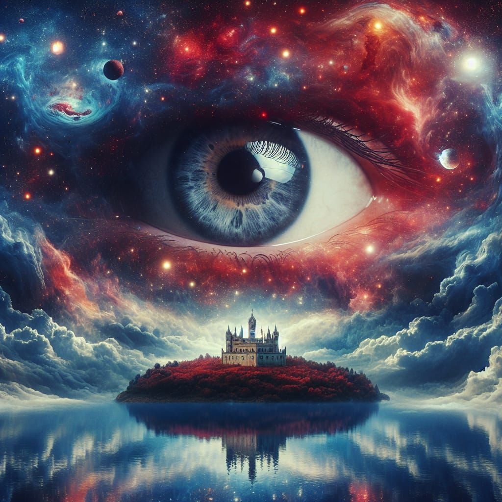 Surreal Cosmic Eye Gazing Over Castle