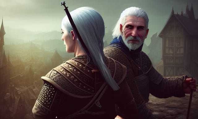 Witchers Conjuring Spells in Medieval Town, Digital Art