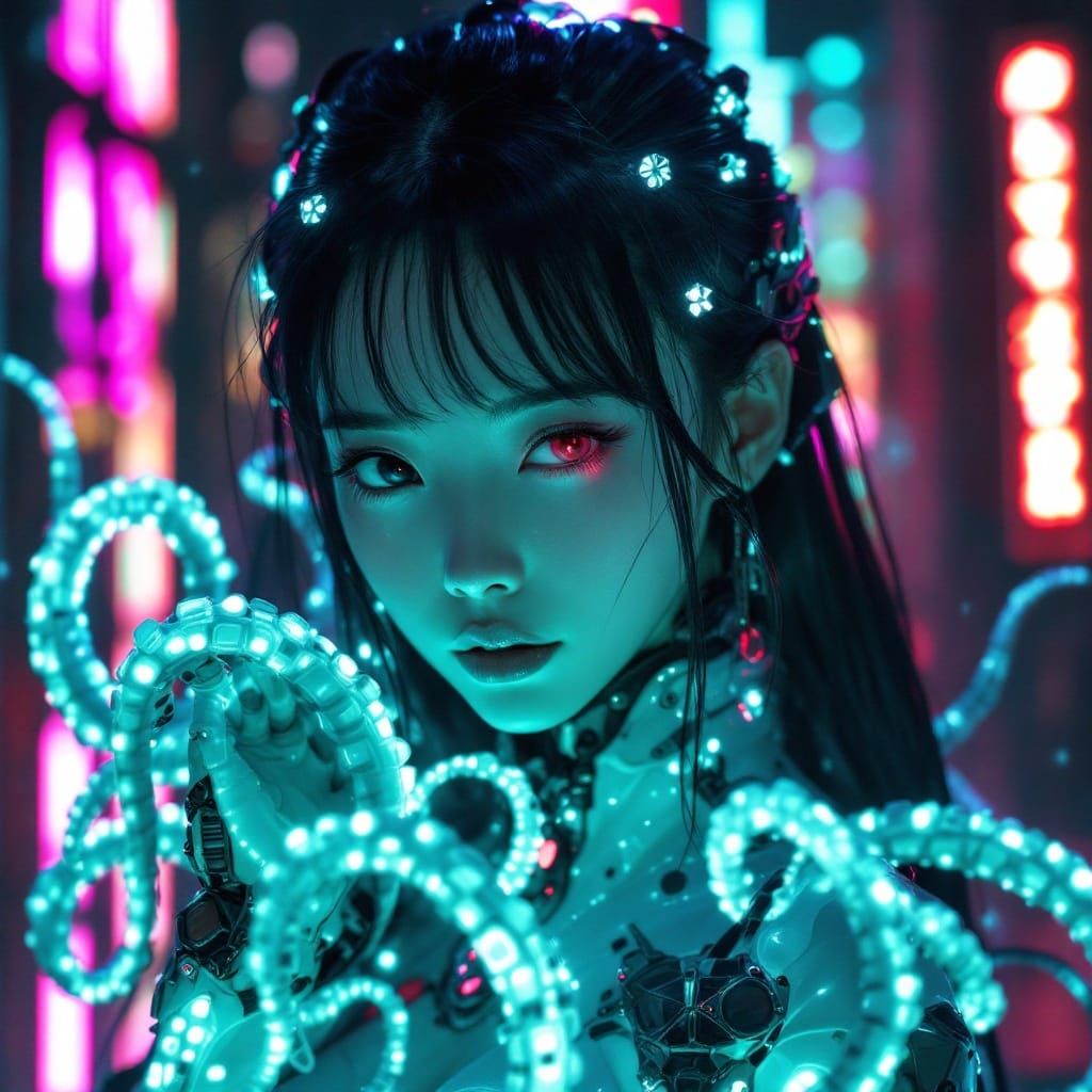 Surreal Cyberpunk Goddess in Biomechanical Exosuit