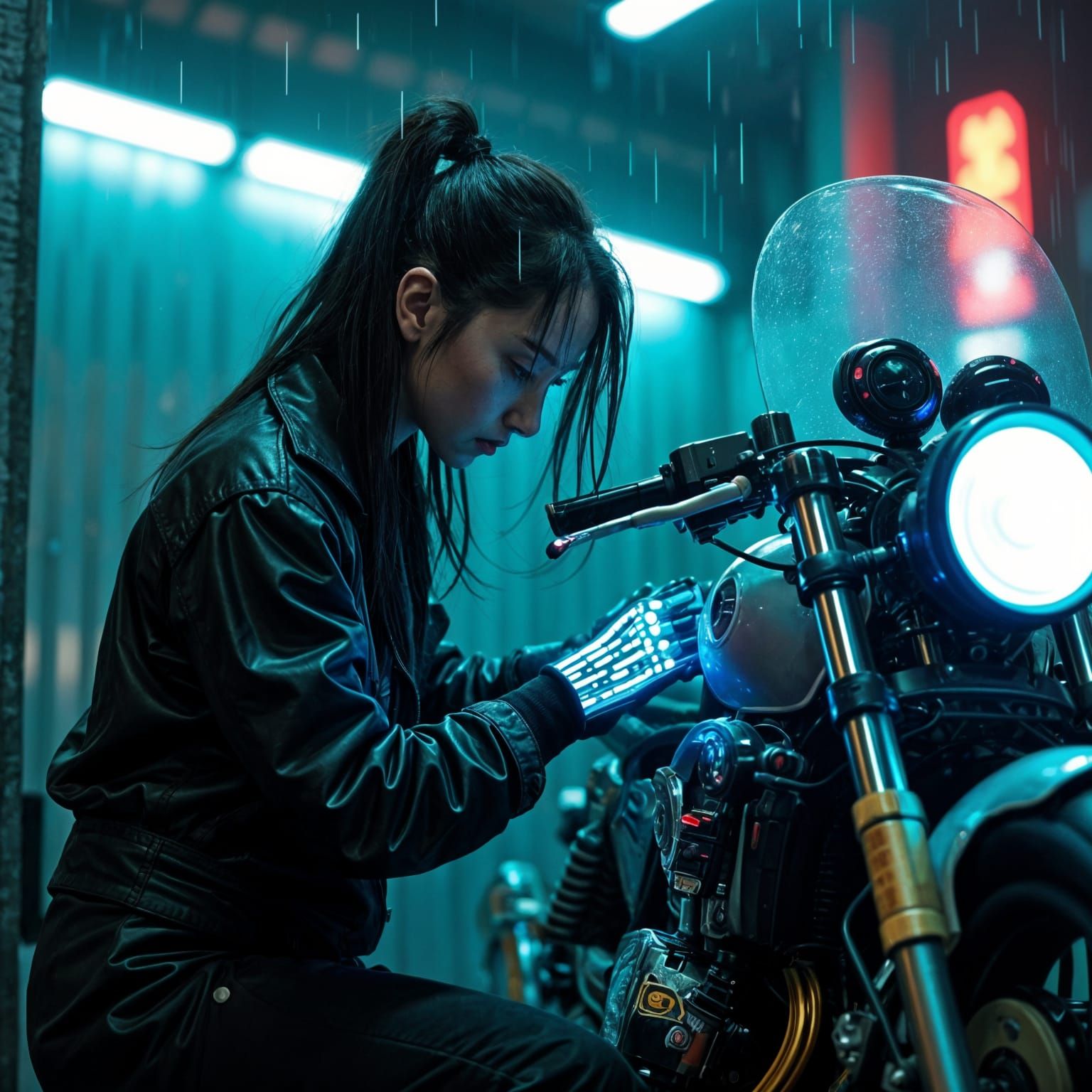 Cyberpunk Mechanic in Japanese City at Night