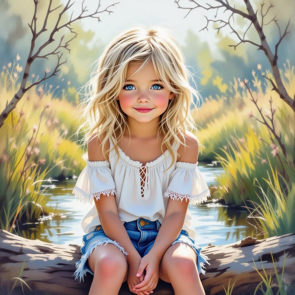 Whimsical Watercolor Portrait of a Young Girl