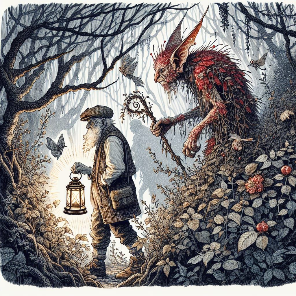 Fae Creature Wandering Through Thicket with Lantern