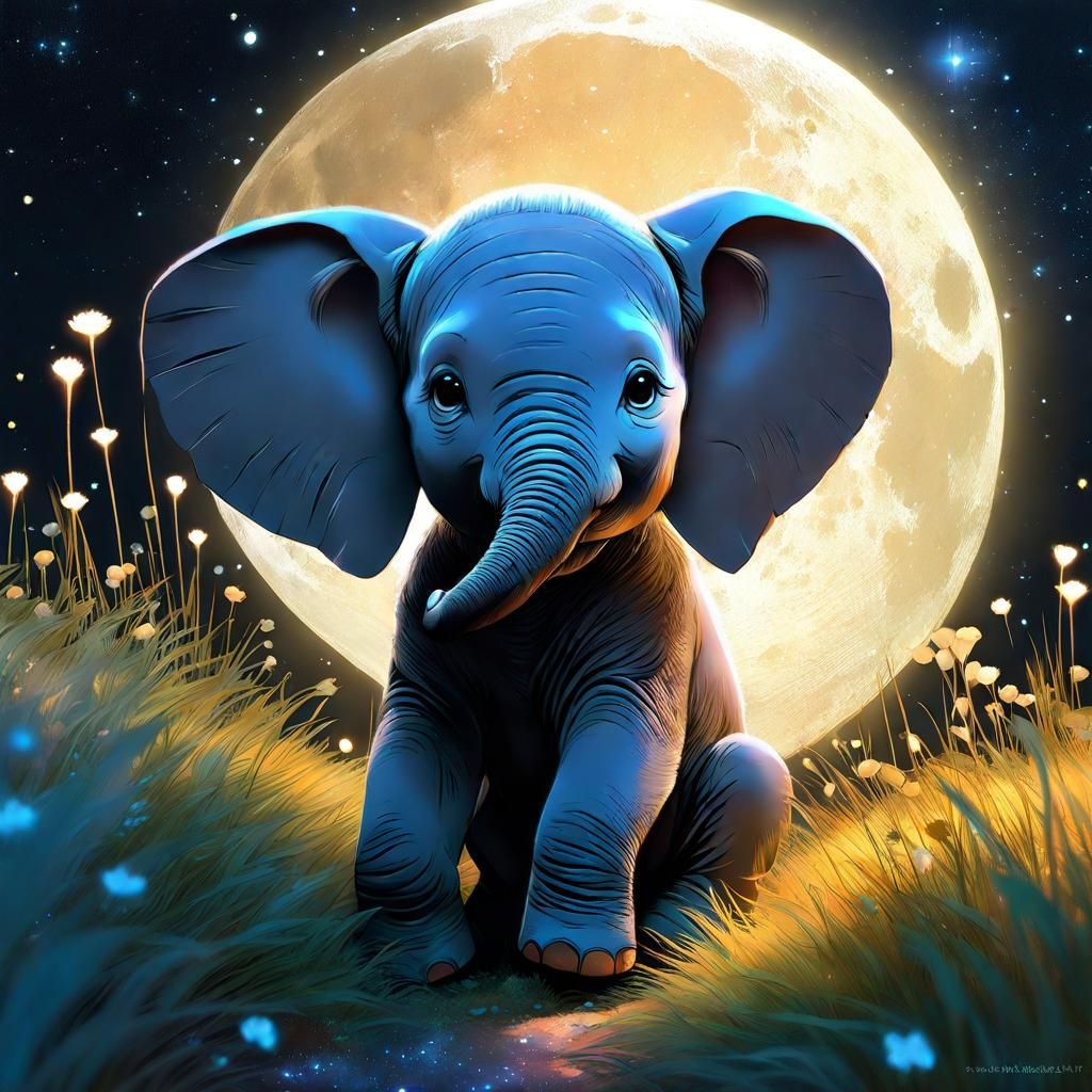 Chibi Elephant Constellation on Bioluminescent Savannah