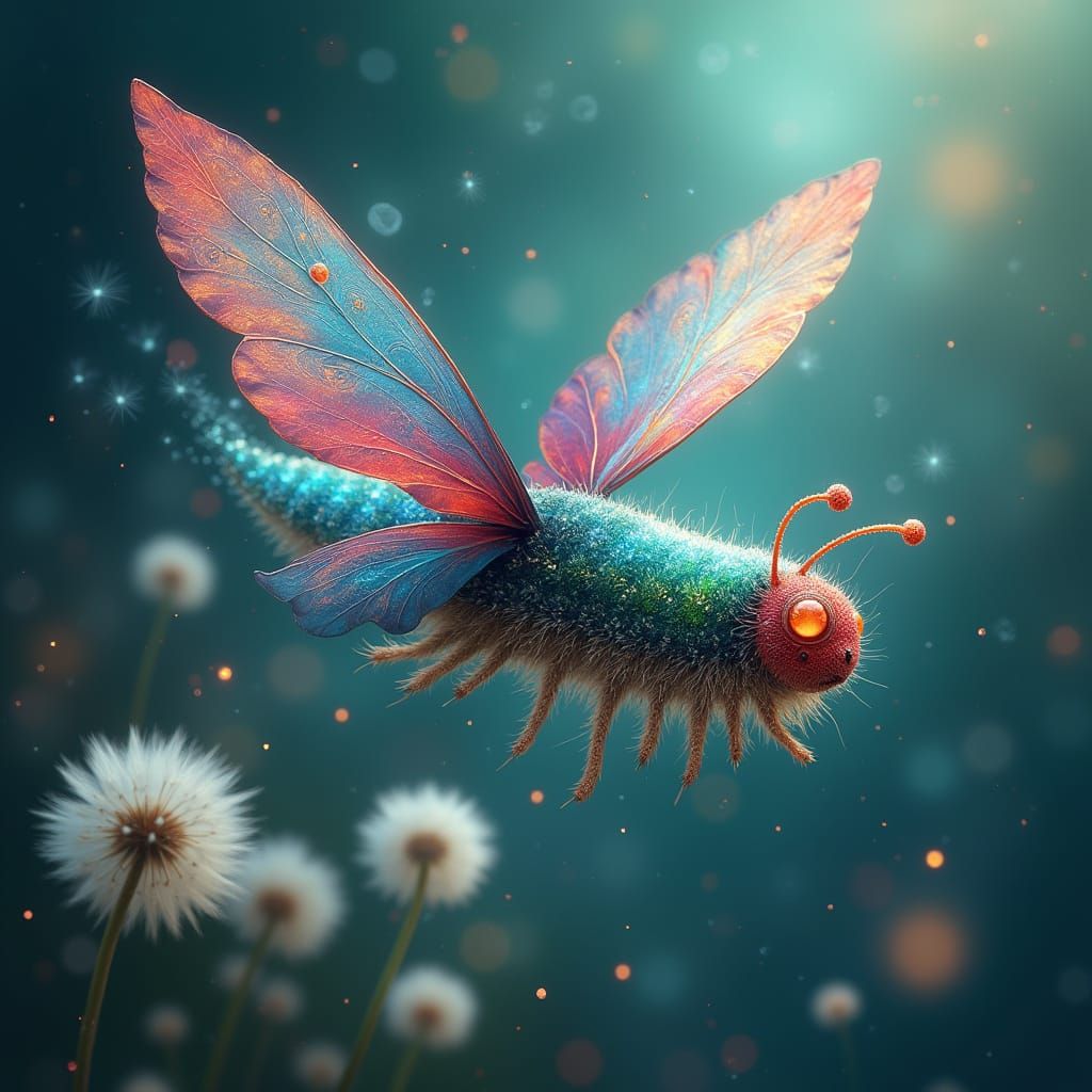 Whimsical Iridescent Butterfly Emerges from Dreamy Caterpill...