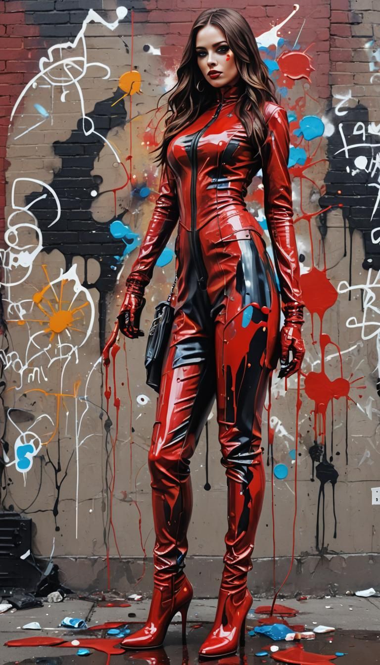 Red Catsuit Figure in Graffiti Splash Art Style
