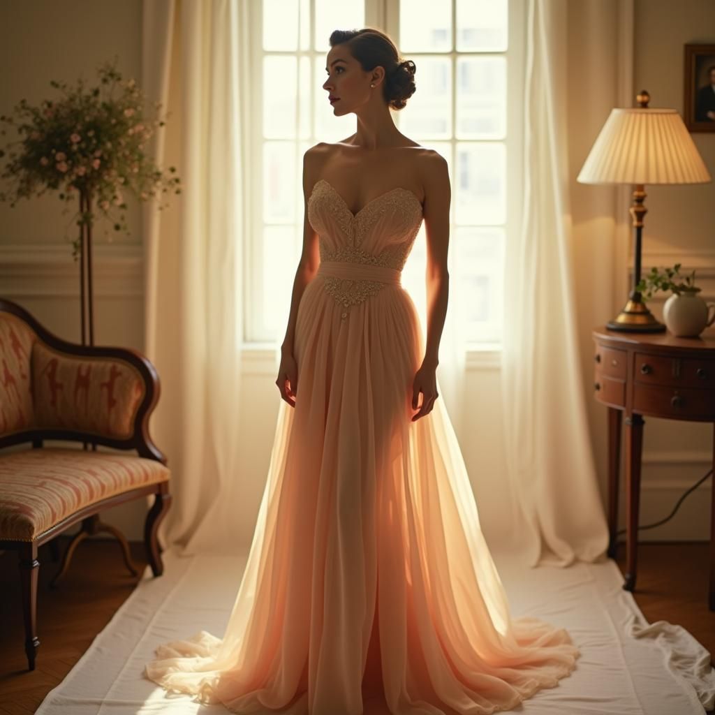 Elegant Woman in 1950s Gown, Studio Portrait