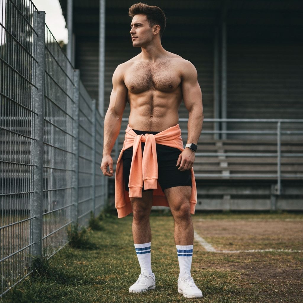 Muscular Man Posing Confidently on Sports Field