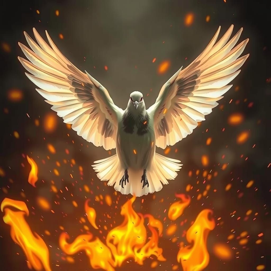 Ethereal White Pigeon Emerges from Inferno in Vibrant Colors