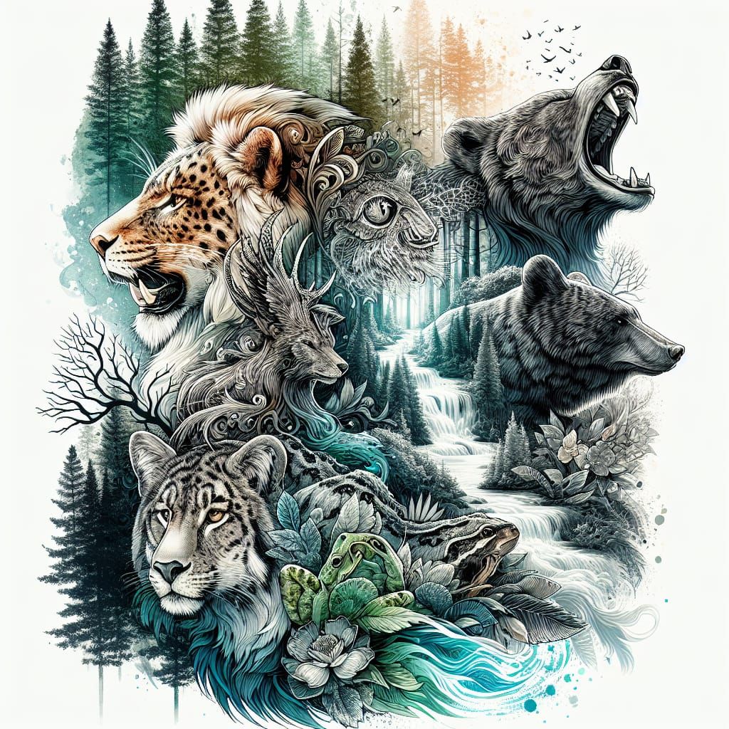 Enchanted Forest Animals in Double Exposure Watercolor