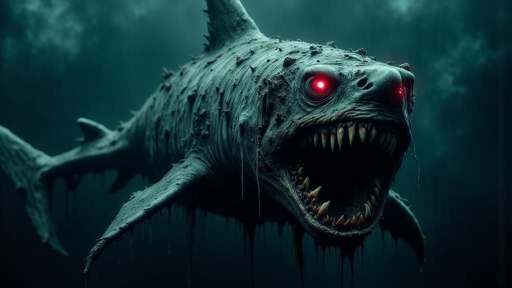 Decaying Zombie Shark with Glowing Red Eyes
