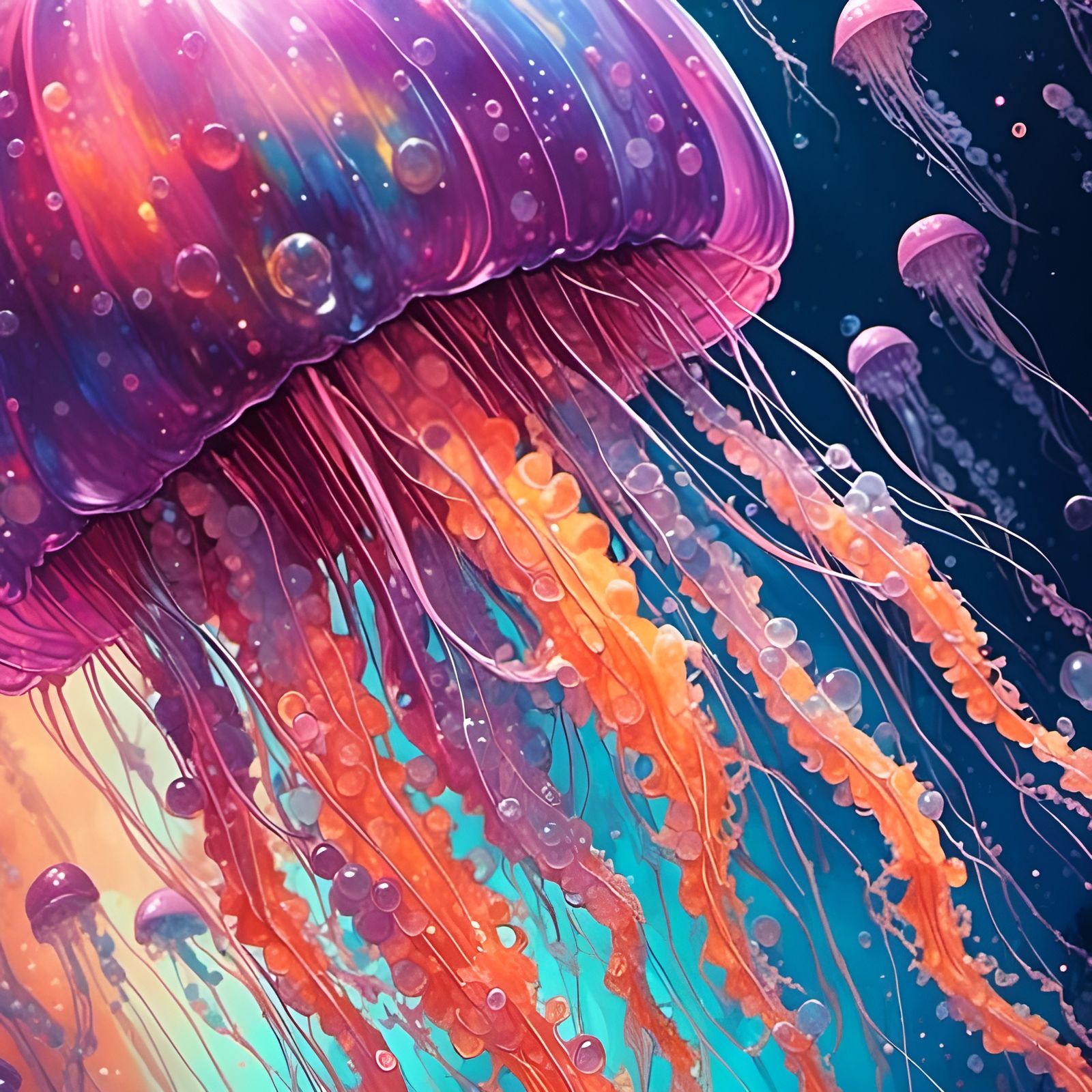 Iridescent Jellyfish Shimmering in a Graffiti Art Ocean