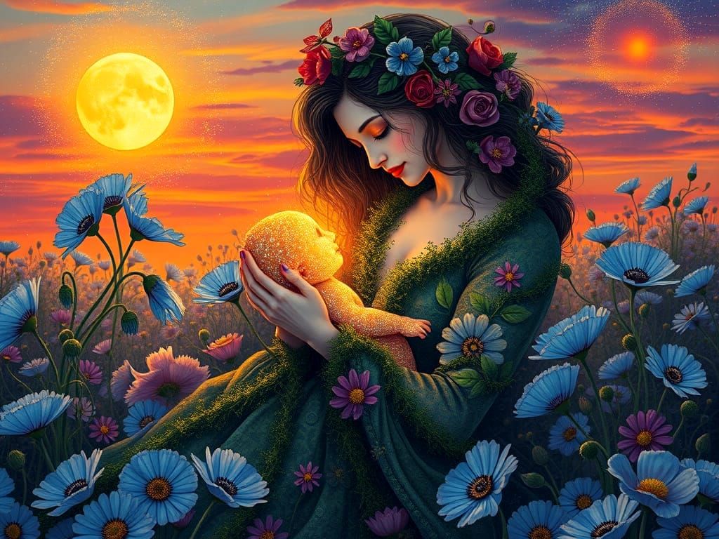 Mother with Stardust Child Amidst Poppies and Sunset