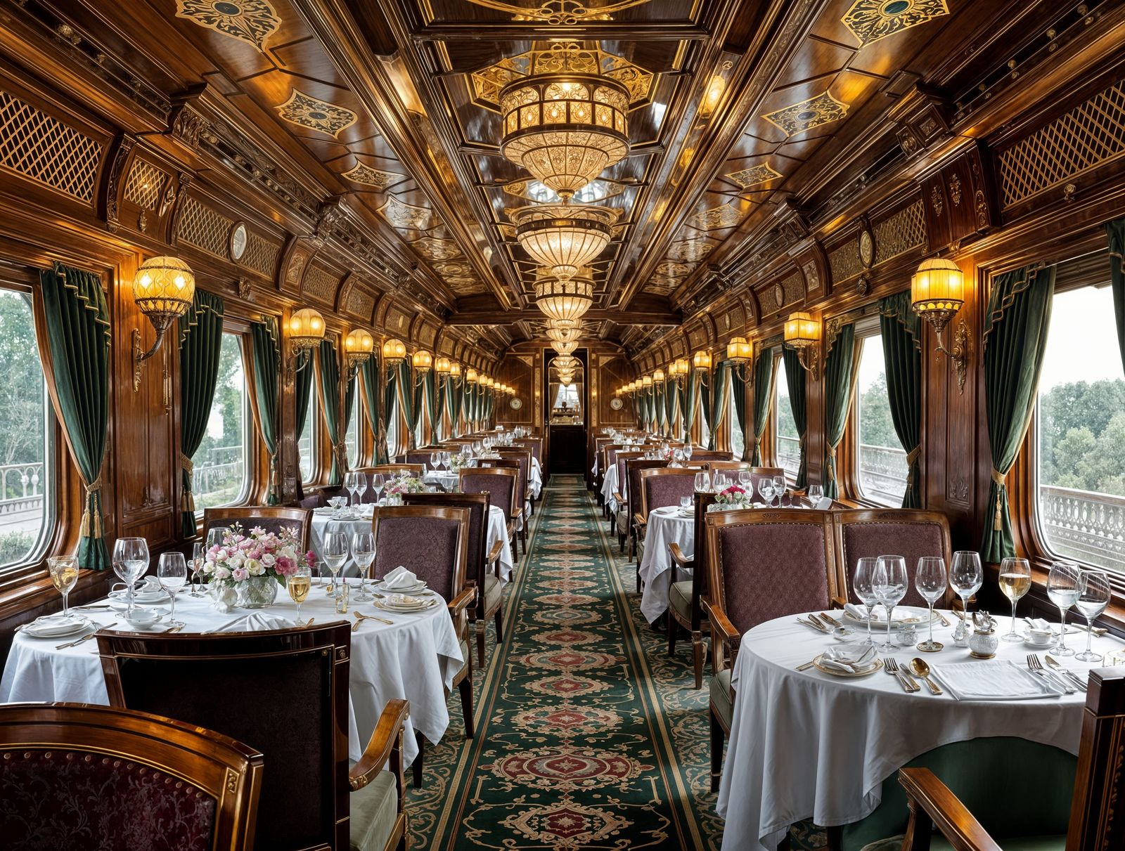 Luxurious Art Deco Dining Car with Lalique Lamps