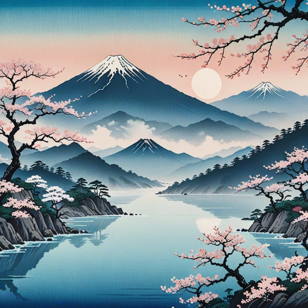 Ukiyo-e Mountains and Cherry Blossoms by the Sea