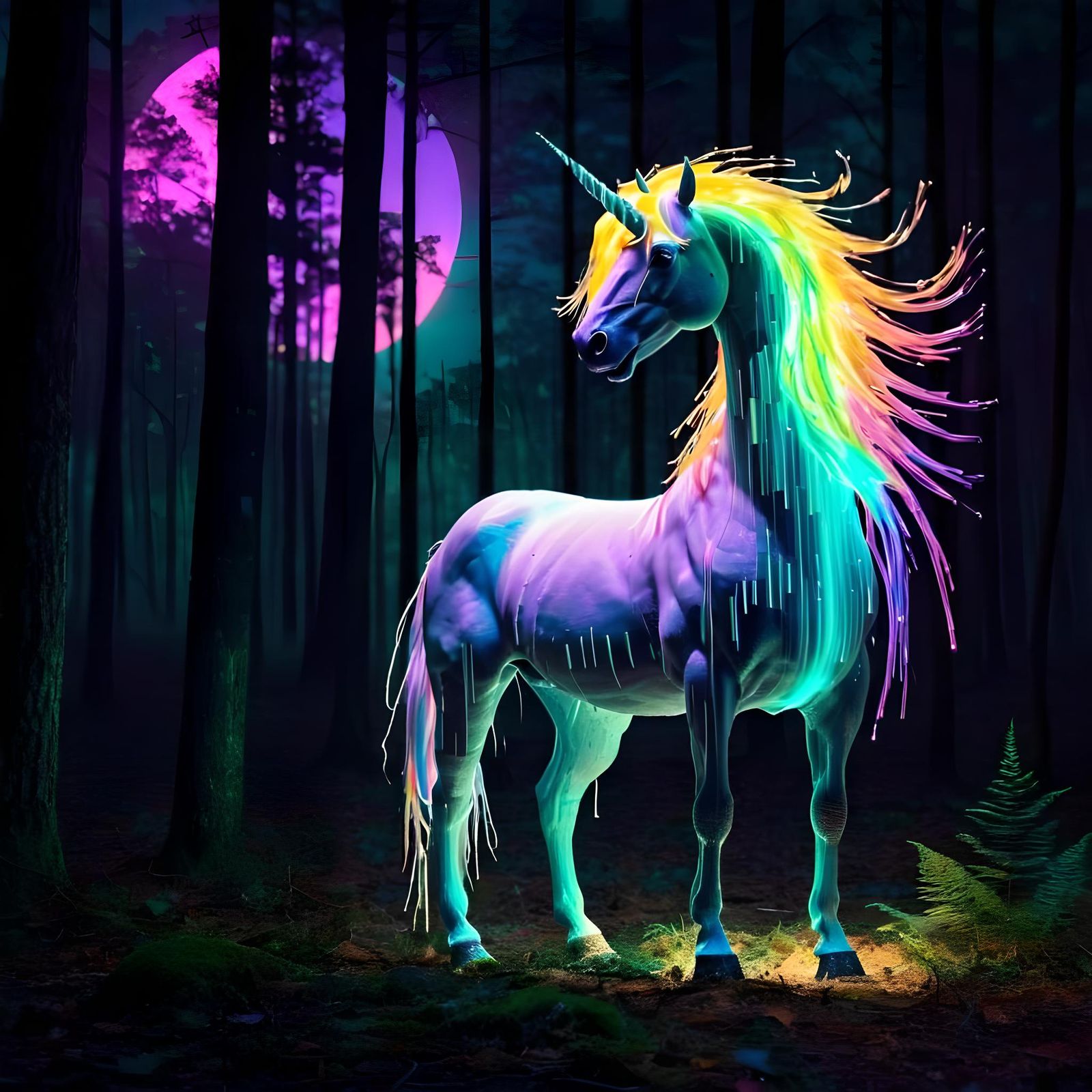 Glowing Unicorn in Moonlit Forest, Glitch Art