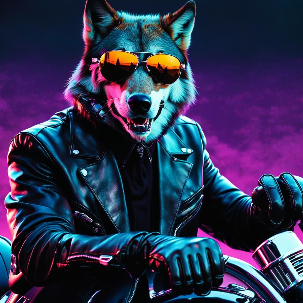 Wolf in Suit on Motorcycle in Synthwave Style