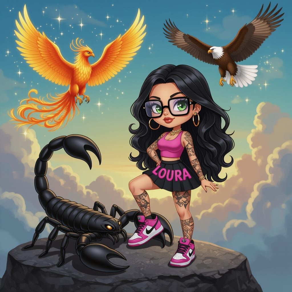 Chibi Woman, Scorpion, Phoenix in Vibrant Hyperrealistic Sty...
