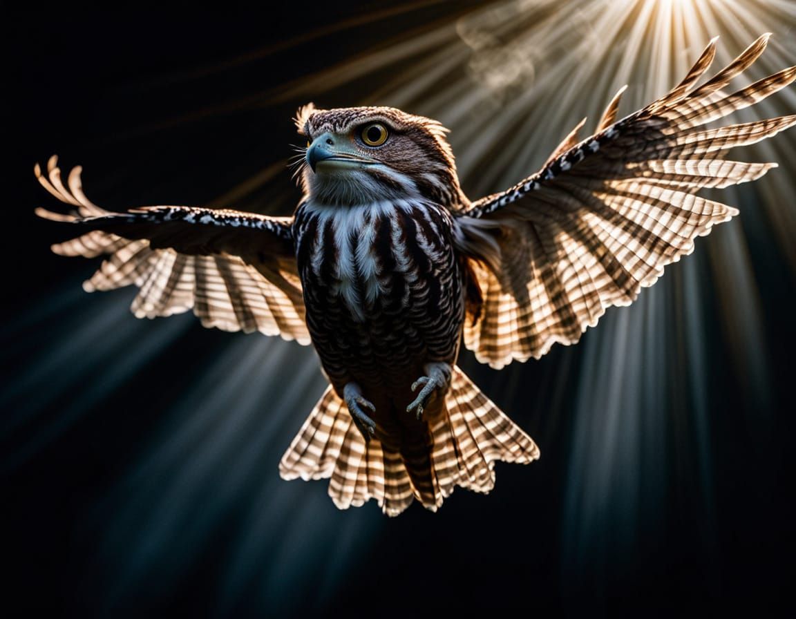 Papuan Frogmouth in Flight: Ethereal Black Light Art