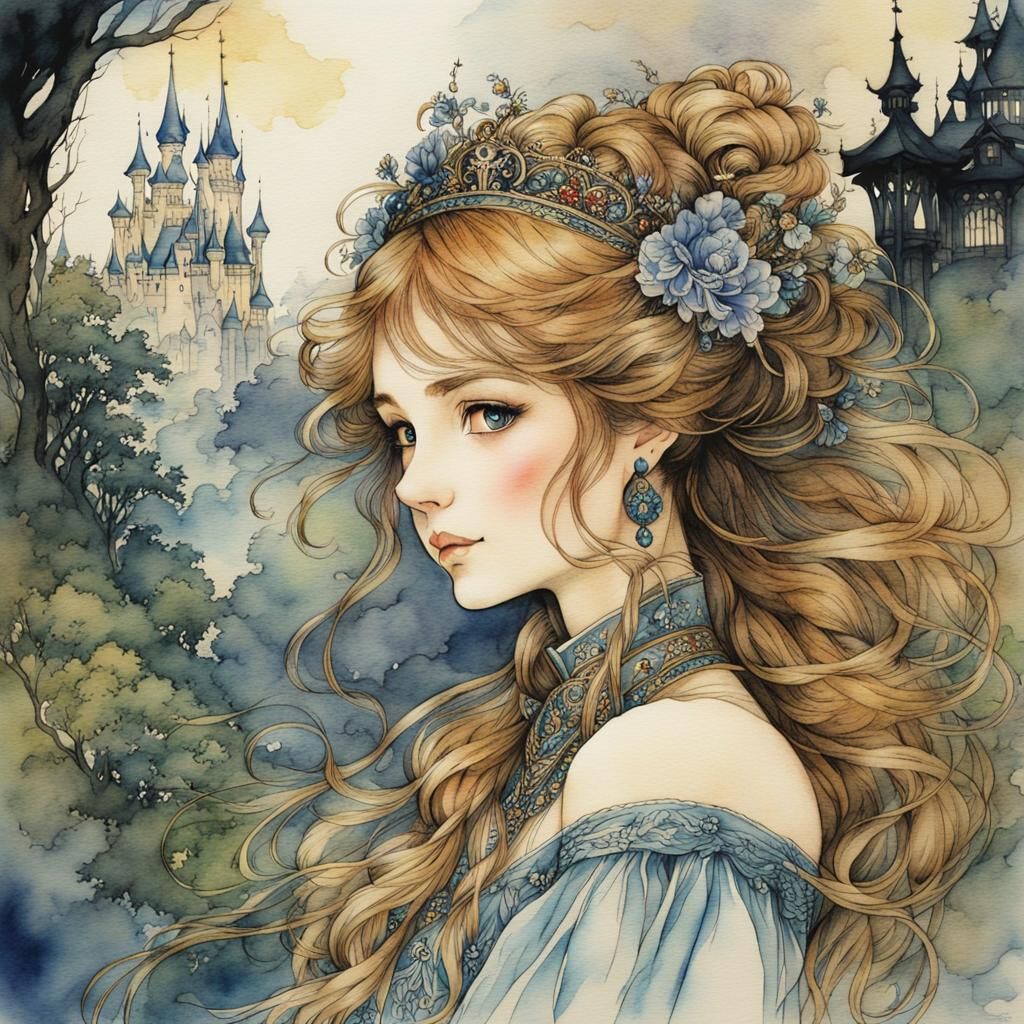 Watercolor Anime Princess Inspired by Arthur Rackham