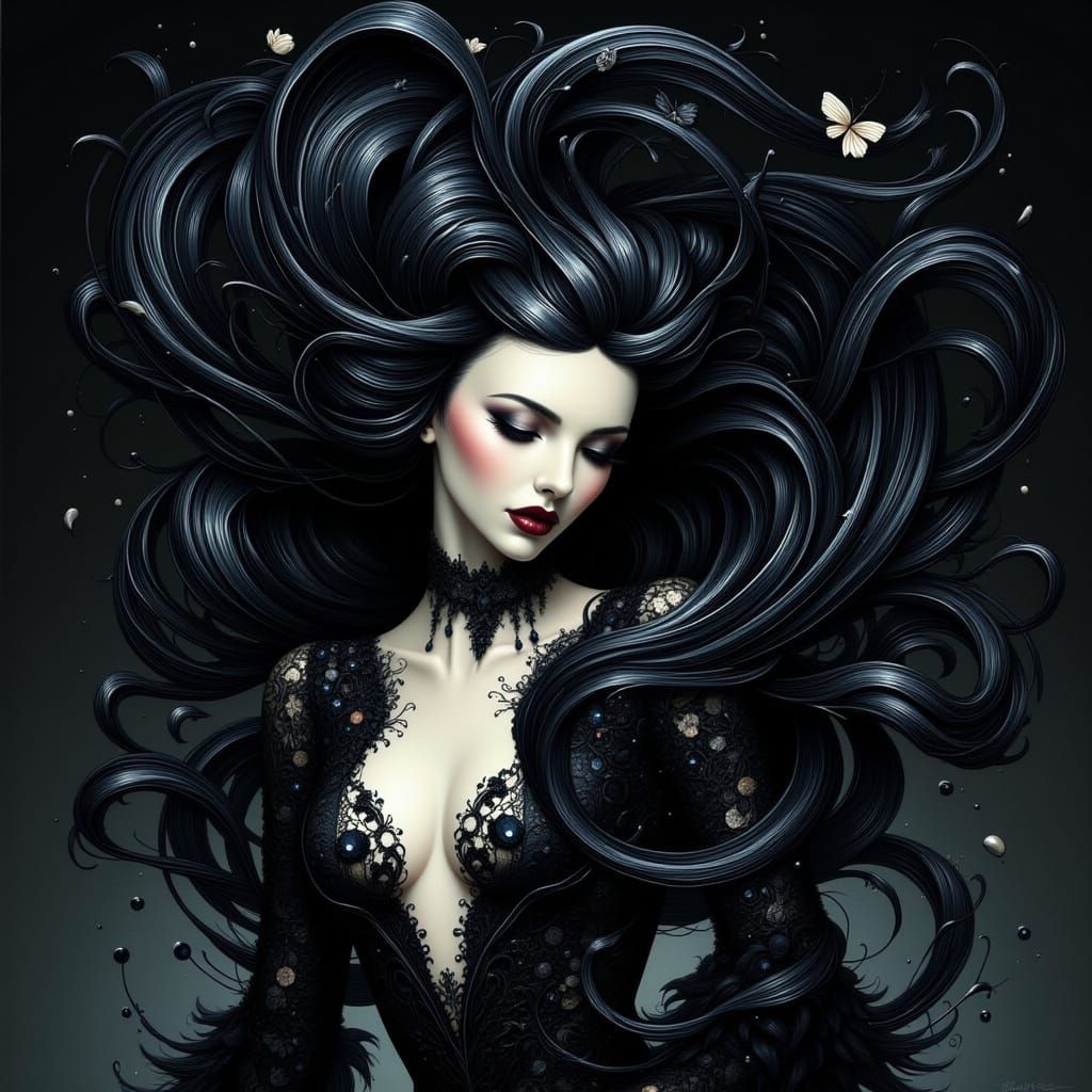Dark Fantasy Portrait of Elegant Woman in Lace Gown