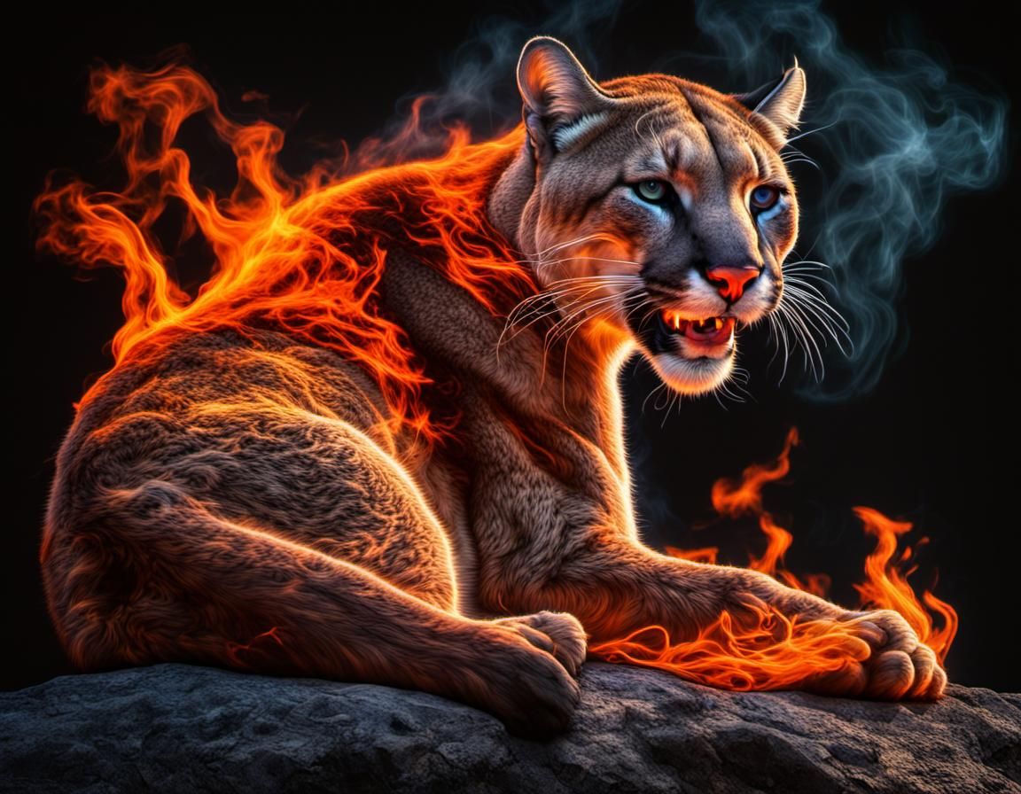 Flaming Fire Cougar in Hyperrealistic Style