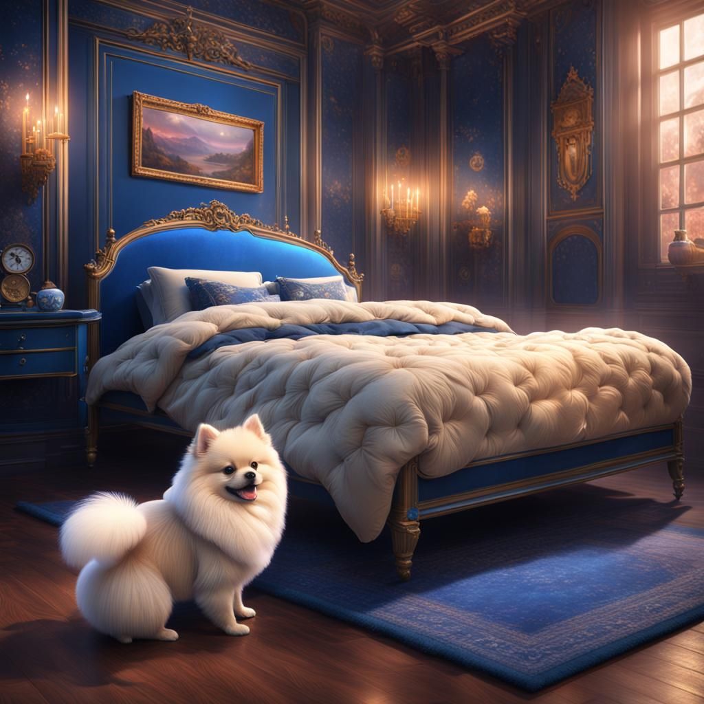 Cute Cream Pomeranian Sleeping in Blue Room