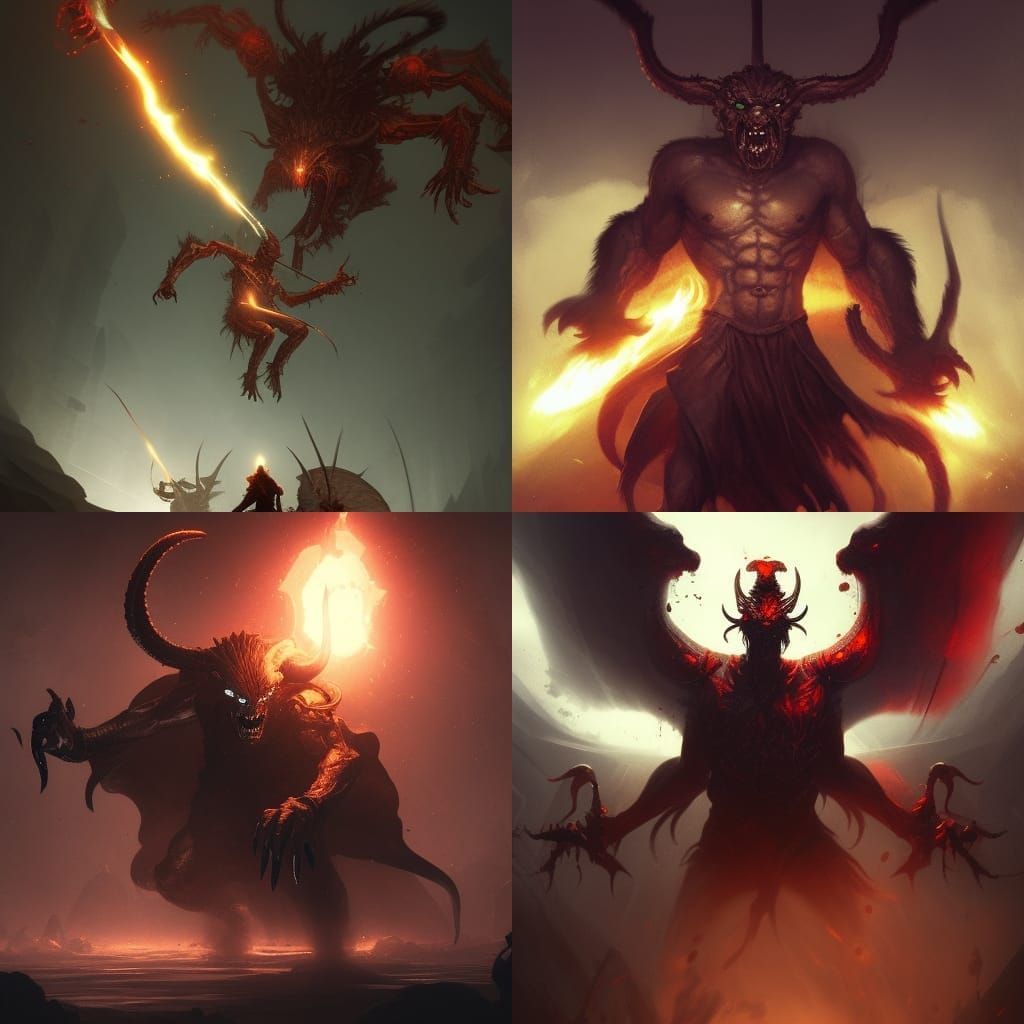 Man Confronts Three-Headed Demon: Dark Fantasy Art