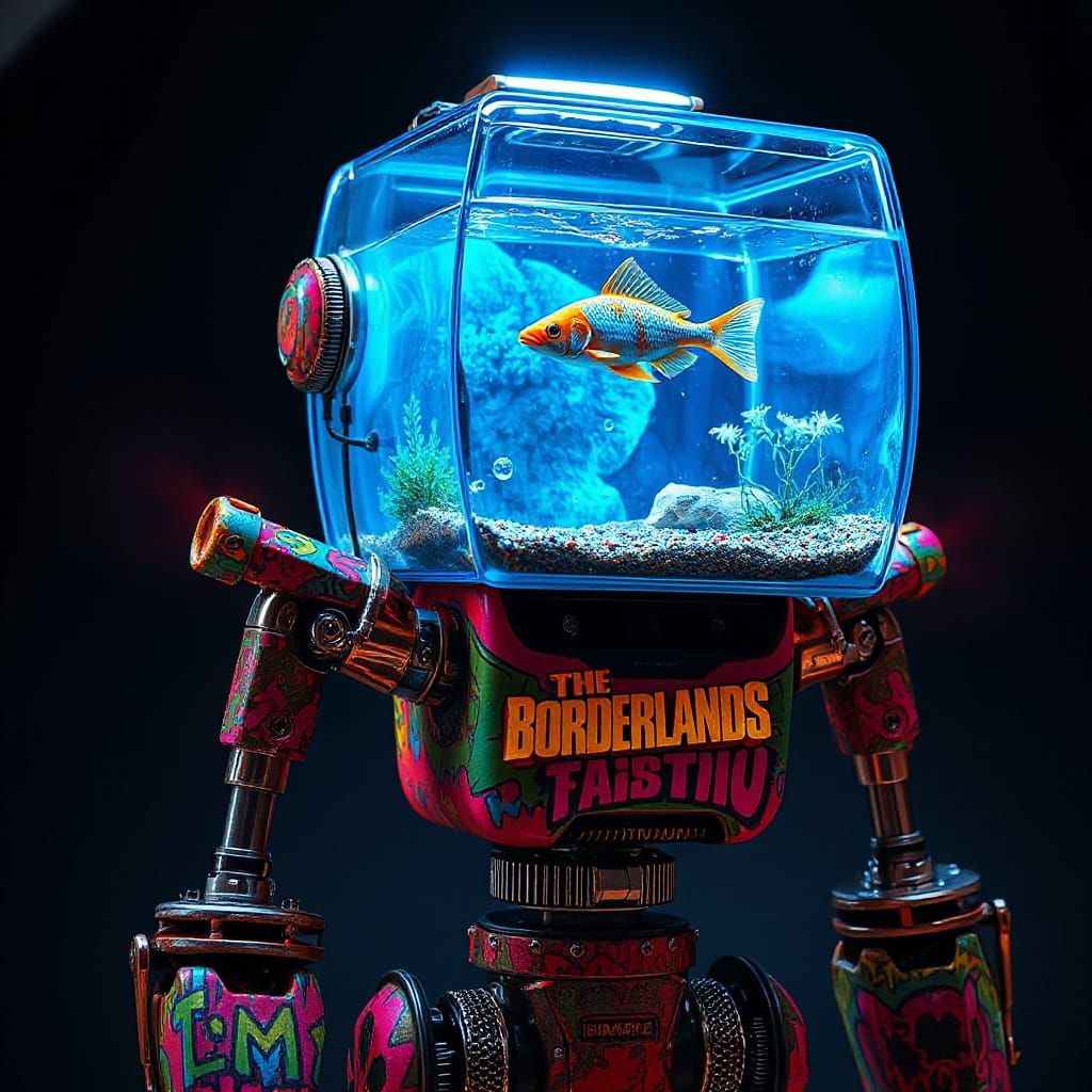 Neon Robot with Graffiti and Aquarium Head