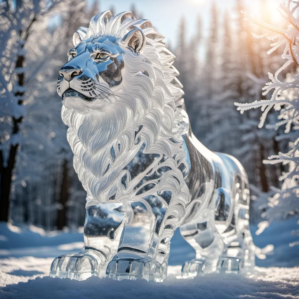 Hyperrealistic Ice Lion Sculpture in Winter Landscape